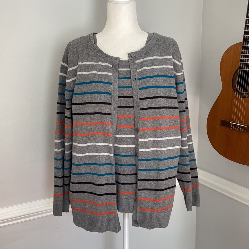 CJ Banks Striped Cardigan Sweater Tank Set - Picture 1 of 8